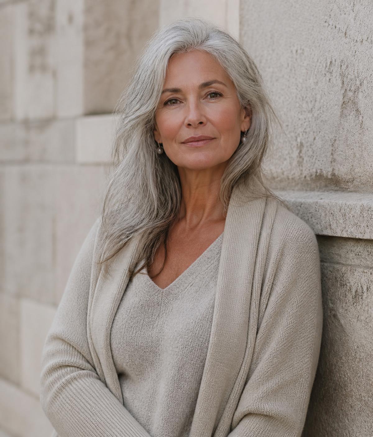 Client in her fifties standing in daylight