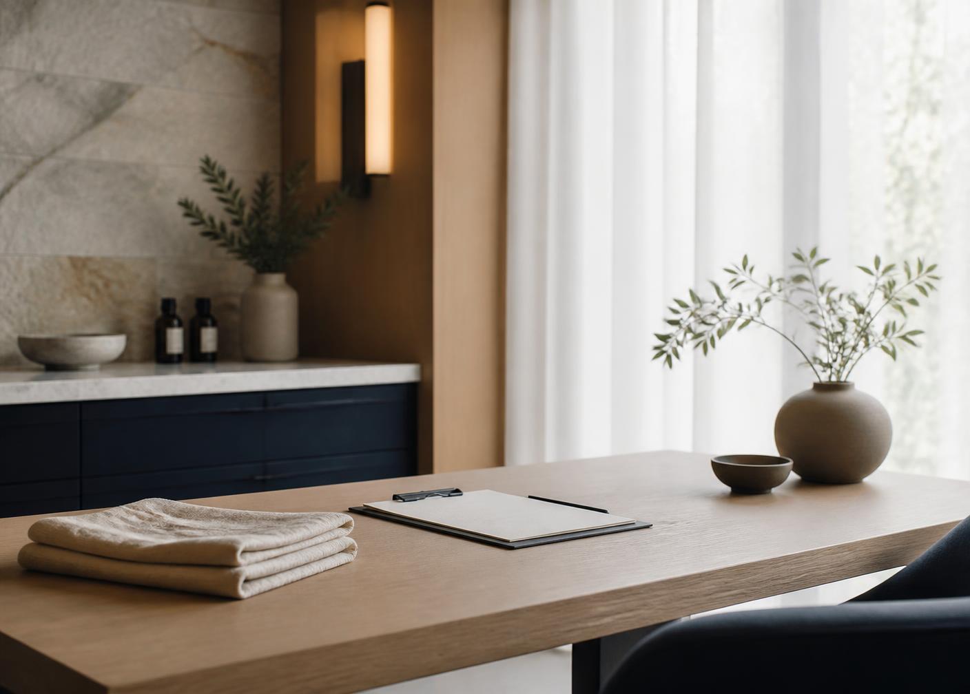 Consultation table with linen and a clipboard in soft morning light